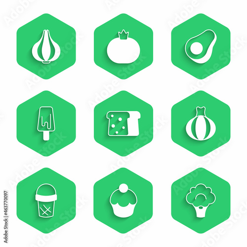 Set Bread toast, Muffin, Broccoli, Onion, Ice cream waffle, Avocado fruit and Garlic icon. Vector