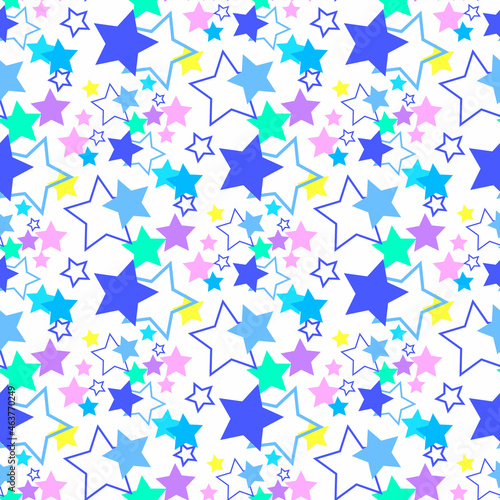 Seamless pattern with blue and lilac stars on a white background. Use for fabric, wrapping paper, wallpaper, print, backdrops, baby clothes, napkins, bags, merchandise, clothing, and artwork.