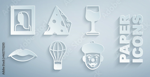 Set Hot air balloon, Wine glass, Smiling lips, French mime, Cheese and Portrait picture museum icon. Vector