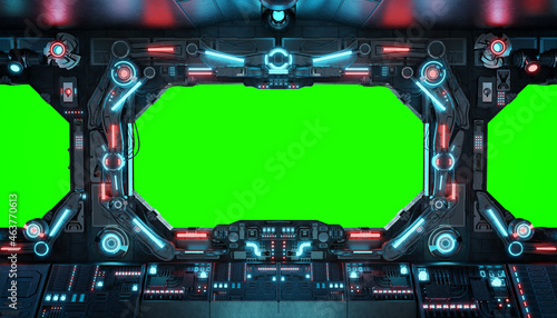 Dark spaceship interior with isolated window. Futuristic spacecraft with glowing blue and red control panels and empty view. 3D rendering