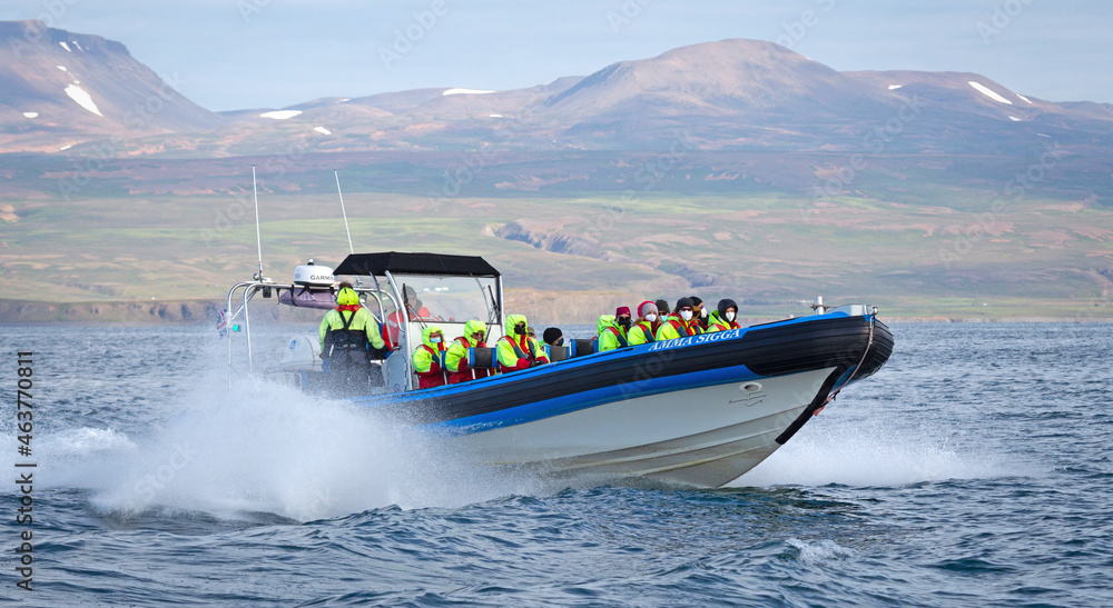 Fototapeta premium Húsavik, Iceland on august 2, 2021: Tourists on speedboat during starting whale watching tour from Húsavik