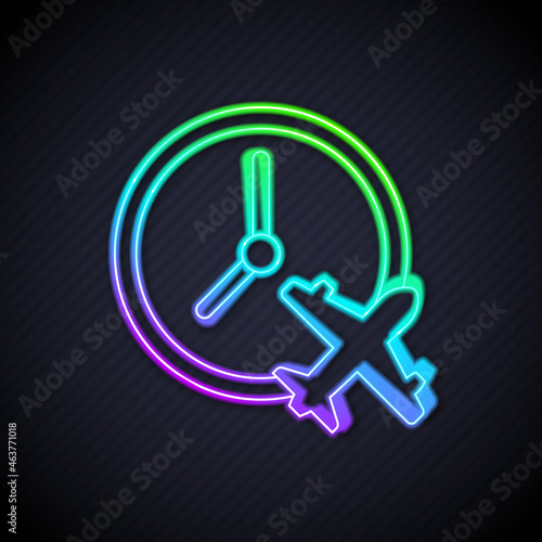 Glowing neon line Clock with airplane icon isolated on black background. Designation of time before departure, check-in for flight and arrival time symbol. Vector