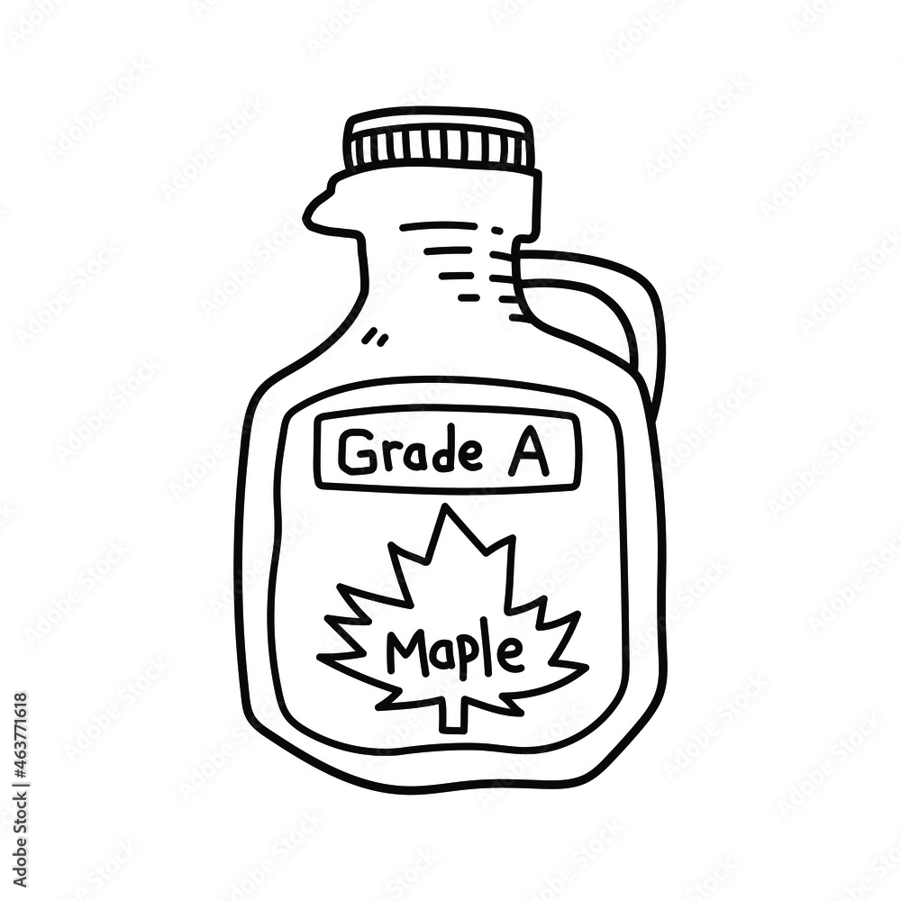 Grade A maple syrup bottle container, a doodle illustration of a grade A maple syrup with a maple leaf symbol, isolated on a white background. Grade A maple syrup bottle container, a doodle illustration of a grade A maple syrup with a maple leaf symbol, isolated on a white background.
