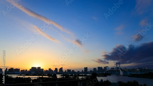 東京都市風景　夕日　タイムラプス　雲の動き　日没