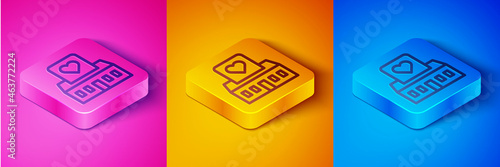 Isometric line Volunteer center icon isolated on pink and orange, blue background. Square button. Vector