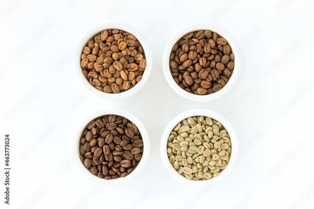 Light Roast, Medium Roast, Dark Roast and Green Coffee Beans in Ramekins isolated on White Light Roast, Medium Roast, Dark Roast and Green Coffee Beans in Ramekins isolated on White