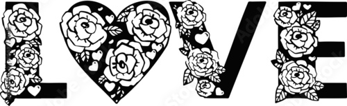 Pink roses LOVE lettering pattern. Black background and illustration