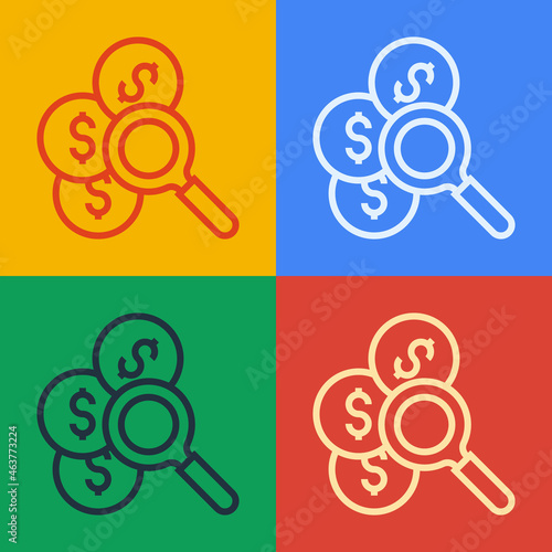 Pop art line Search for money icon isolated on color background. Vector