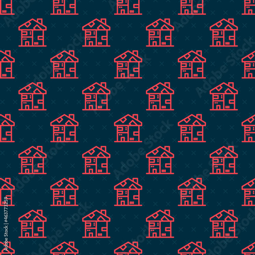 Red line Homeless cardboard house icon isolated seamless pattern on black background. Vector