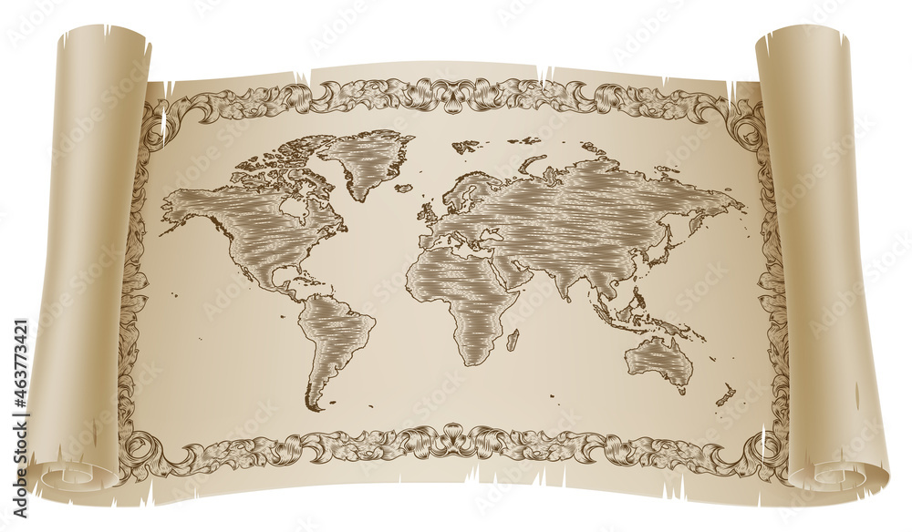 World Map Drawing Old Woodcut Engraved Scroll Stock Vector | Adobe Stock