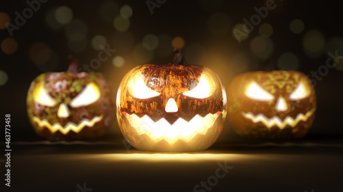 Halloween pumpkins in dark with depth of field blur effect. 3d illustration, suitable for halloween themes.