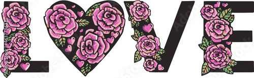 Pink roses LOVE lettering pattern. Black background and illustration