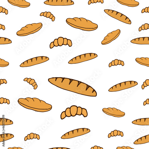 baguette and croissant illustration on white background. seamless pattern, hand drawn vector. bakery icon. bread, pastry. doodle art for wallpaper, wrapping paper and gift, backdrop, decoration. 