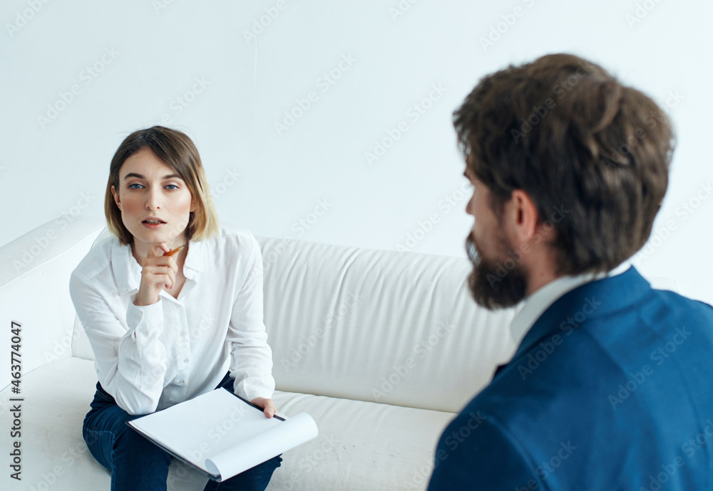 business man and woman communication work office partners business man and woman communication work office partners