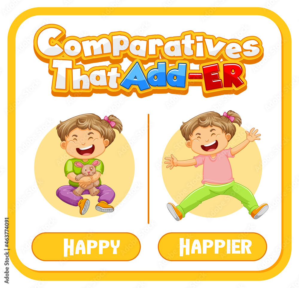 Obraz premium Comparative adjectives for word happy