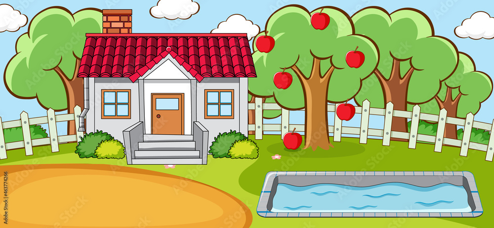 Horizontal scene with a mini house and swimming pool