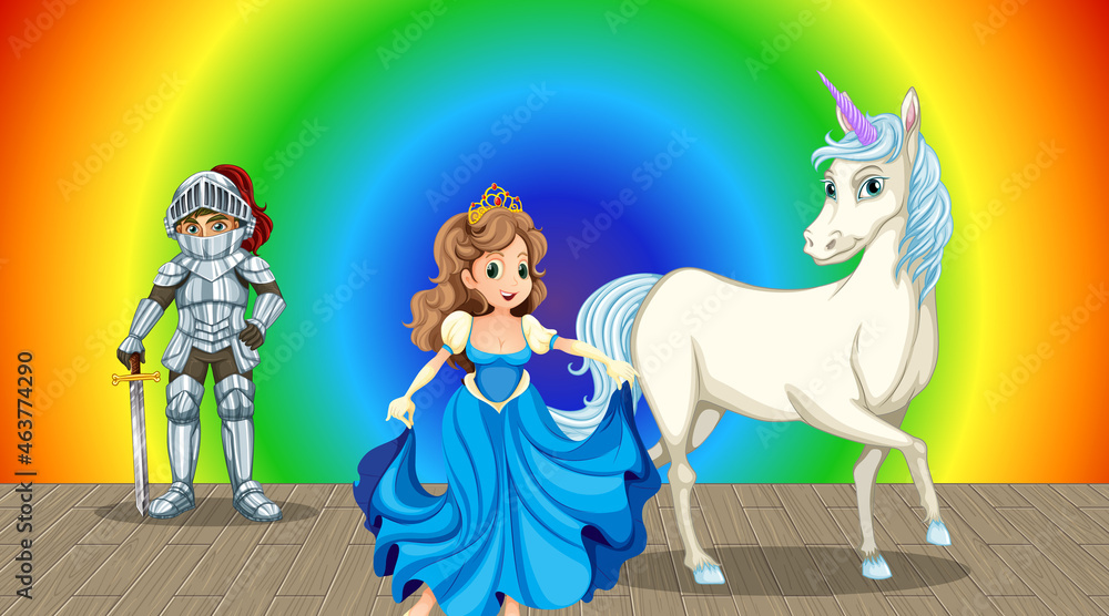 Princess and knight cartoon character on rainbow gradient background