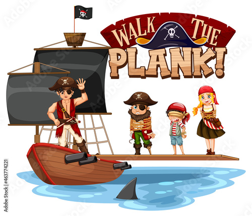 Walk The Plank font banner with pirate cartoon character