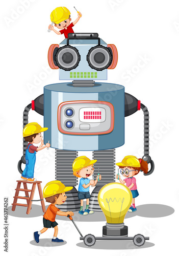 Children building robot together on white background