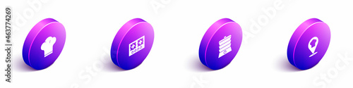 Set Isometric Chef hat, Gas stove, Slow cooker and with location icon. Vector