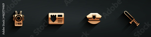 Set Police body camera, badge with id case, cap cockade and rubber baton icon with long shadow. Vector