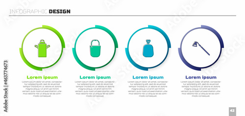 Set Can container for milk, Bucket, Full sack and Garden hoe. Business infographic template. Vector