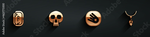 Set Magic runes, Skull, Comet falling down fast and Necklace with crystal icon with long shadow. Vector
