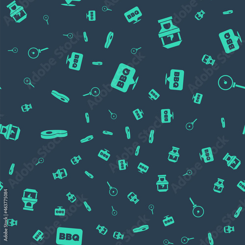 Set Barbecue, Brick stove, Steak meat and Kitchen thermometer on seamless pattern. Vector