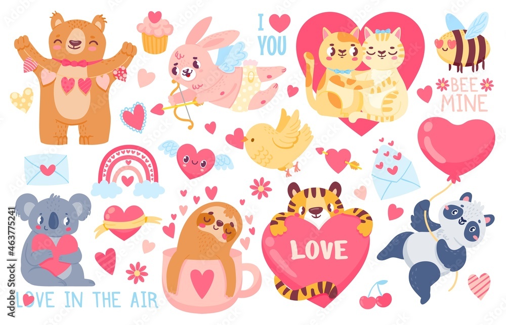 Valentines day animals. Cupid bunny, pet cats love couple hug, tiger, koala and panda with hearts. Happy valentines cute sticker vector set