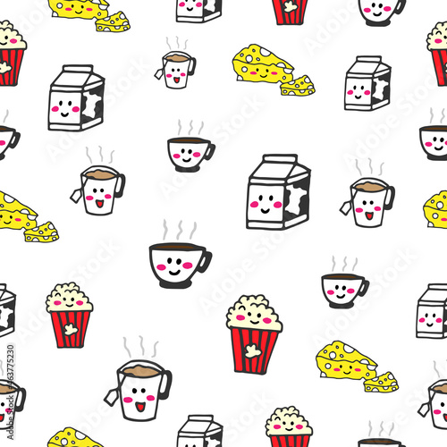set of food icon. cup of tea, mug of coffee, milk box, cheese illustration on white background. kawaii food, eyes and smiley face. seamless pattern, hand drawn vector. doodle art for fabric, wrapping.