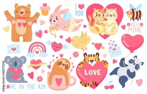 Valentines day animals. Cupid bunny  pet cats love couple hug  tiger  koala and panda with hearts. Happy valentines cute sticker vector set