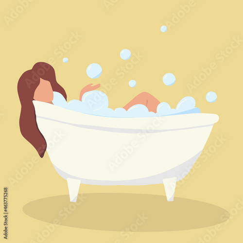 Hand-drawn illustration of a girl in the bathroom. A woman is resting in bathtub with foam.