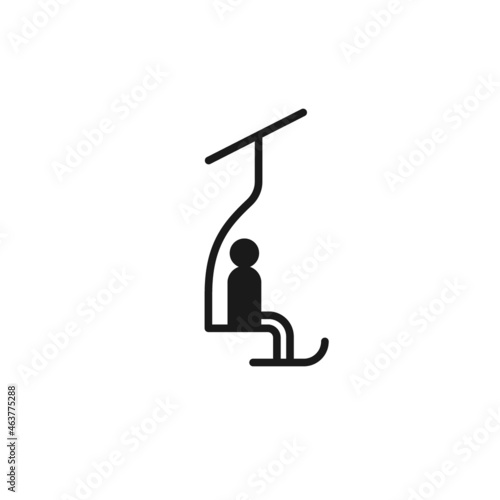 Isolated black icon of skier on chair lift on white background. Silhouette of chair lift. Logo flat design. Winter mountain sport.