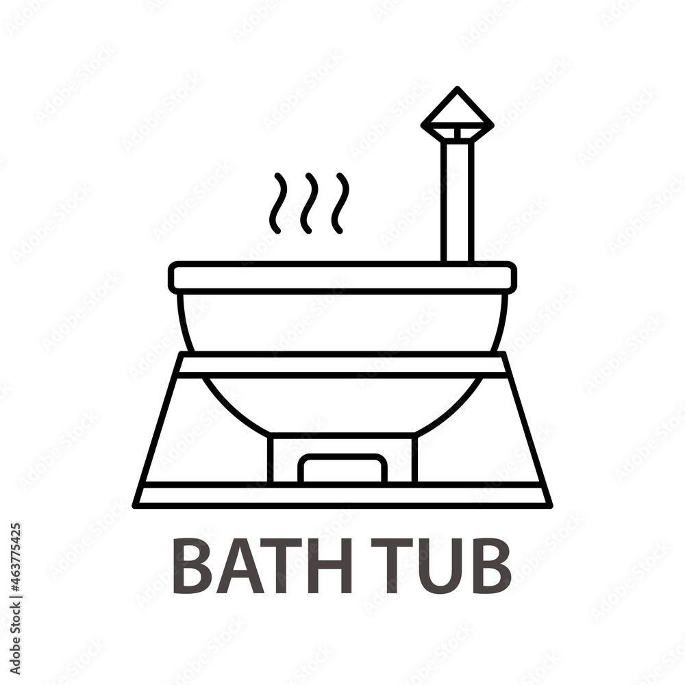 Bath tub on firewood linear icon. Outline simple vector of outdoor vat with hot water. Contour isolated pictogram on white background Bath tub on firewood linear icon. Outline simple vector of outdoor vat with hot water. Contour isolated pictogram on white background