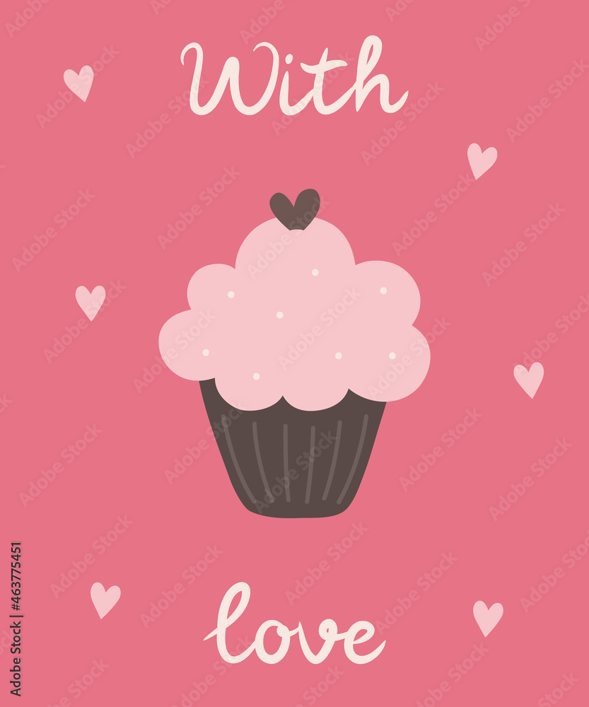 Cake and hearts on a pink background. With love. Vector illustration is suitable for greeting cards, posters, postcards Cake and hearts on a pink background. With love. Vector illustration is suitable for greeting cards, posters, postcards