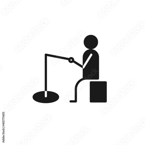 Isolated black icon of fisher on white background. Silhouette of winter fishing icon. Logo flat design. Winter entertainment. Side view.