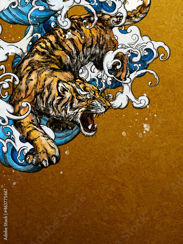 Cool oriental golden background with tiger and waves