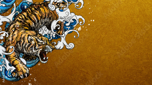 Cool oriental golden background with tiger and waves © Michiru.K
