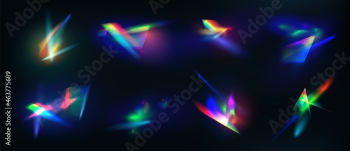 Realistic diamond reflection, rainbow light optical effect. Crystal, jewelry, prism or lens flare. Iridescent glowing sparkles vector set photo