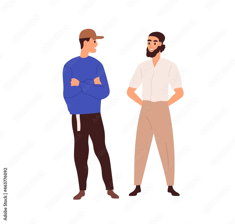Men friends chatting. Young guys standing together and talking. Couple of males speaking to each other. Dialog and communication between people. Flat vector illustration isolated on white background