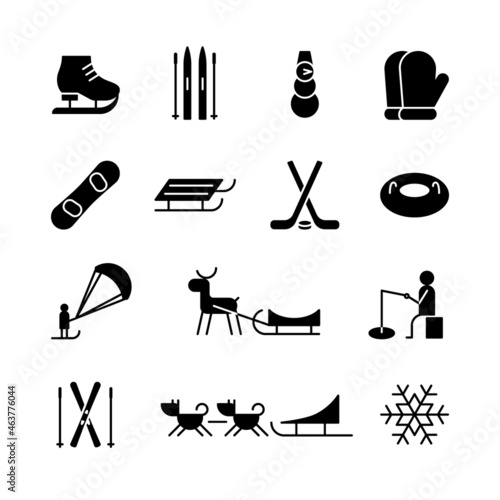 Set of isolated black icons of winter entertainment on white background. Collection of silhouette of winter sport icons. Logo flat design.