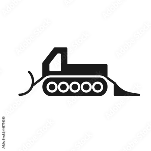 Isolated black icon of snowcat on white background. Silhouette of ratrak. Logo flat design. Winter mountain sport.