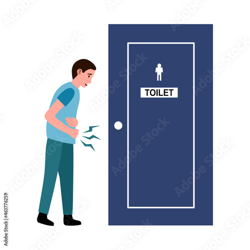 Man painful urination concept vector illustration. Guy holding pee in front of toilet. Diarrhea symptom.