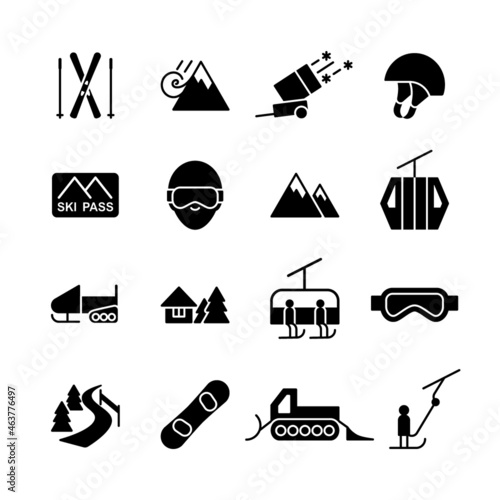 Set of isolated black icons of winter extreme sport on white background. Collection of silhouette of winter mountain sport icons. Logo flat design.