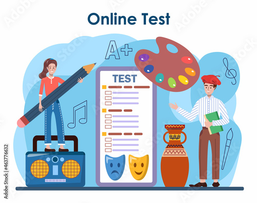 Art school online service or platform. Student holding art tools.