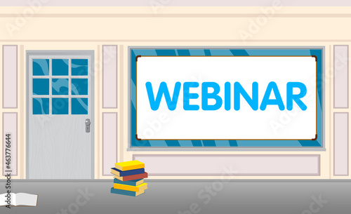 Webinar text with front door background. Bar, Cafe or drink establishment front with poster.