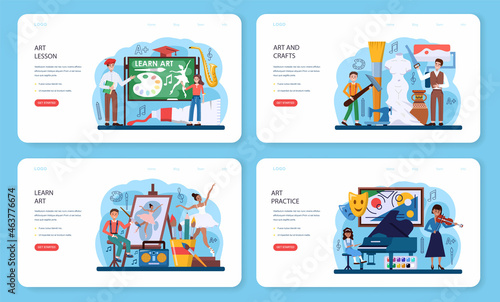 Art school education web banner or landing page set. Student holding art tools