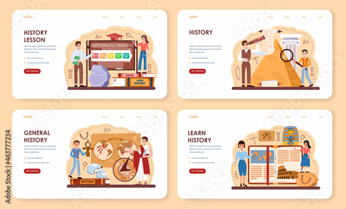 History lesson web banner or landing page set. History school subject