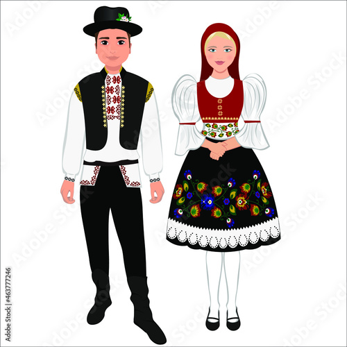 Woman and man in folk national Czech costumes. Vector illustration