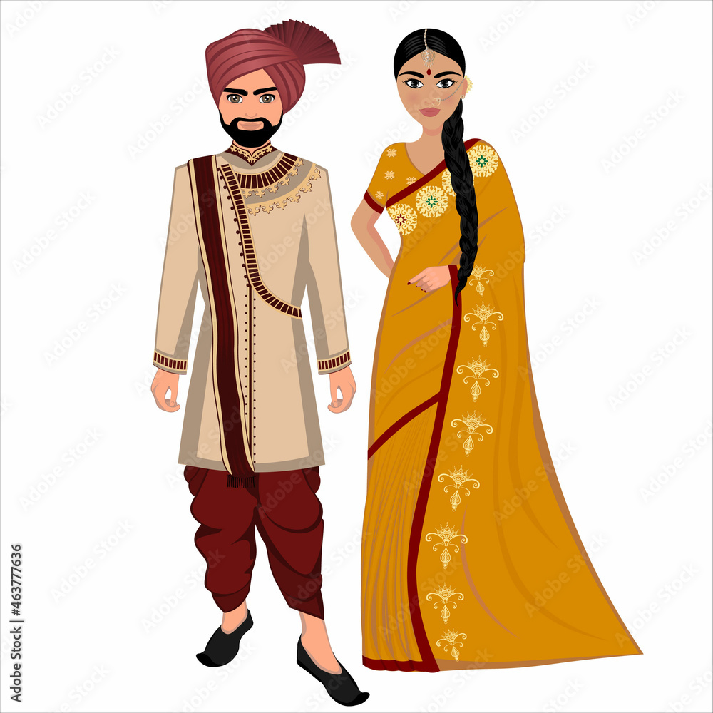Woman and man in folk national Indian costumes. Vector illustration